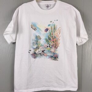 Vintage Ocean Coral Reef Shirt Adult Large Graphic Print 90s Y2K Fish Eco Aware